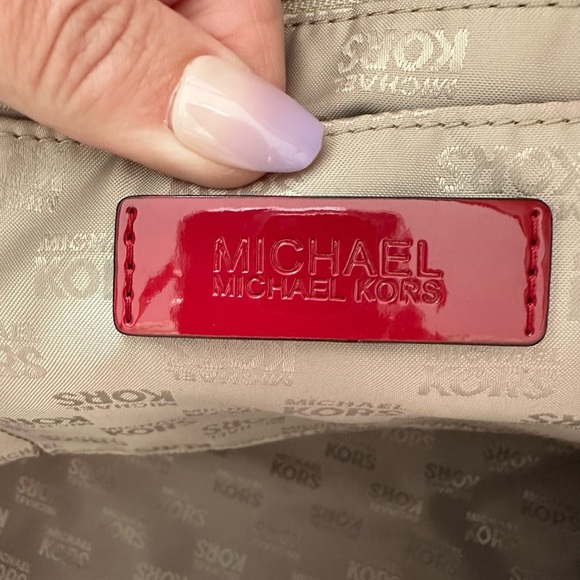 Michael Michael Kors Red Embossed Logo Scuba Fabric Patent Strap Large Tote Bag - Picture 8 of 12